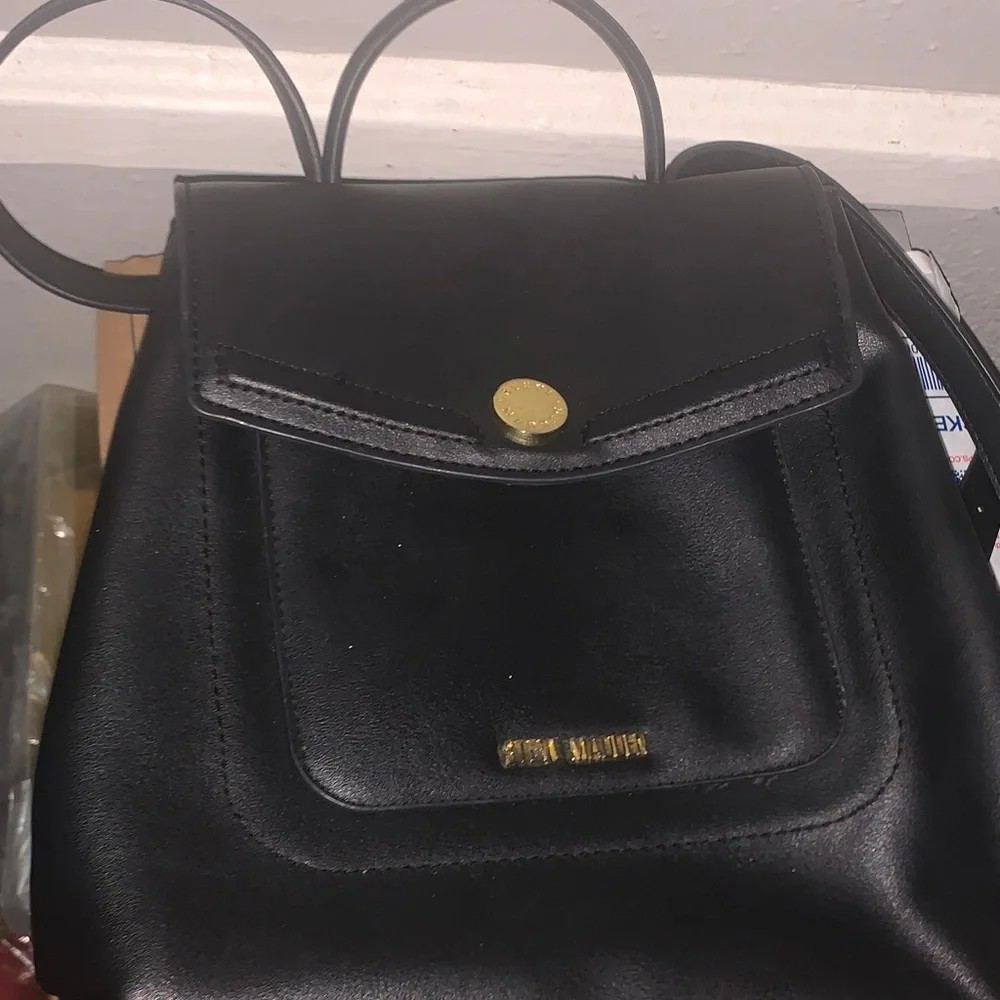 Steve Madden Black Faux Leather Mini Backpack with Gold Accents
